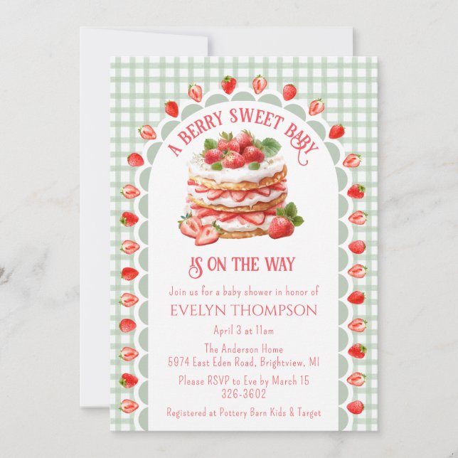 Invitación 019 Forest Green Strawberry Shortcake Baby Shower (Anverso)