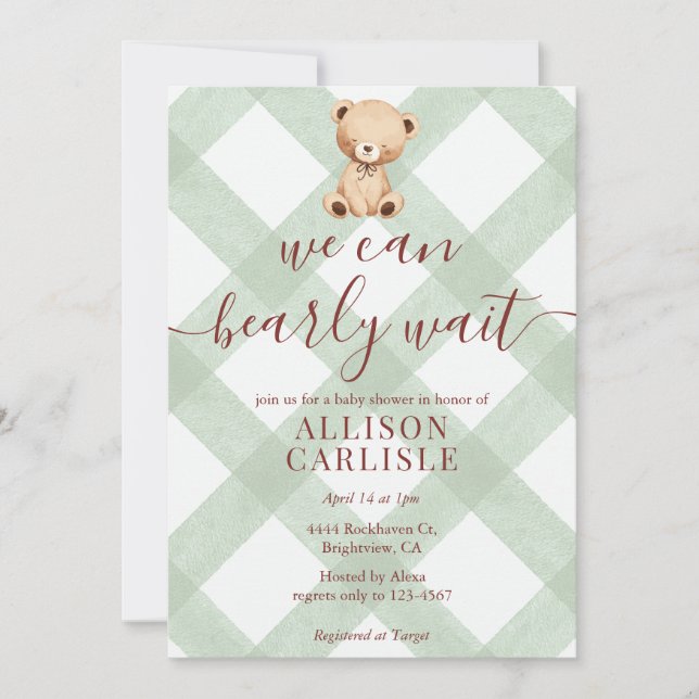 Invitación 019 Forest Green Teddy Bear Gingham Baby Shower (Anverso)