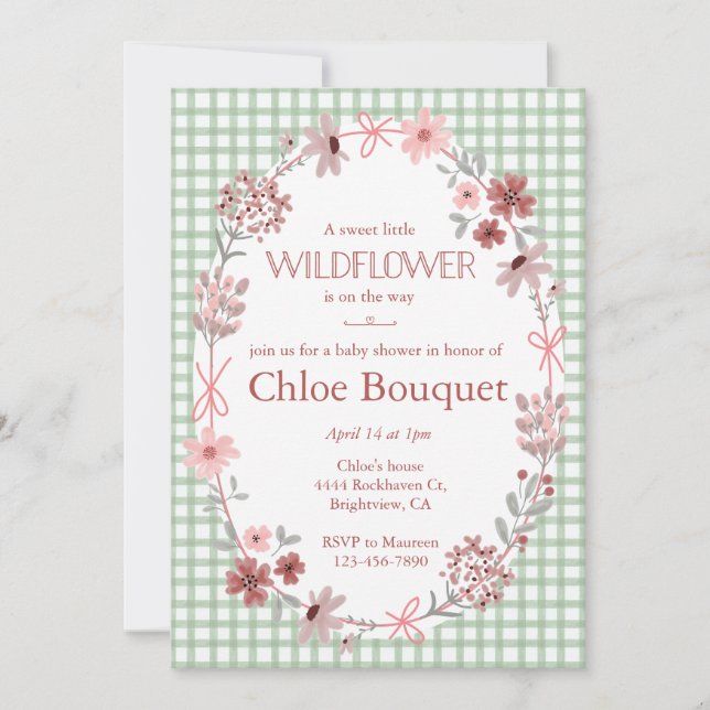 Invitación 019 Forest Green Wildflower Bow Plaid Baby Shower (Anverso)