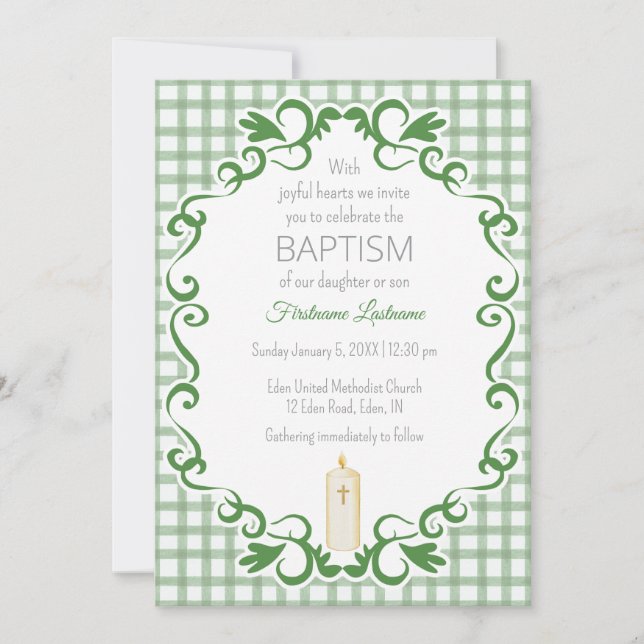 Invitación 019 Forest Scroll Gingham Cross Candle Baptism (Anverso)