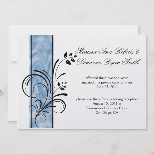 Invitación 01 Black Floral Swirls Blue Stripe Post Boda (Anverso)
