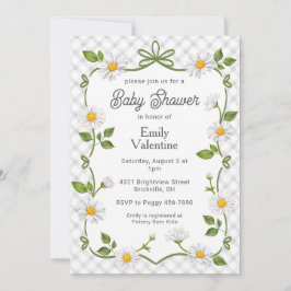 Invitación 020 Fog Grey Floral Daisy Plaid Baby Shower