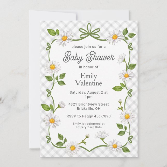 Invitación 020 Fog Grey Floral Daisy Plaid Baby Shower (Anverso)