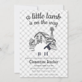 Invitación 020 Fog Grey Little Lamb Farm Plaid Baby Shower