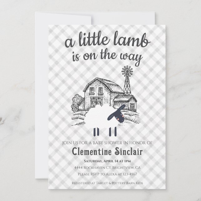 Invitación 020 Fog Grey Little Lamb Farm Plaid Baby Shower (Anverso)