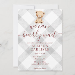 Invitación 020 Fog Grey Teddy Bear Gingham Baby Shower