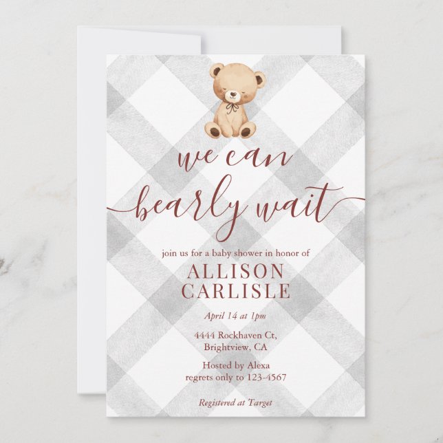Invitación 020 Fog Grey Teddy Bear Gingham Baby Shower (Anverso)