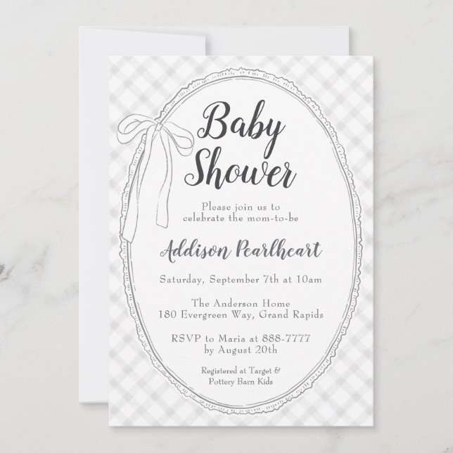 Invitación 020 Gris Niebla Encaje Gingham Baby Shower (Anverso)