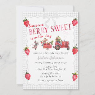 Invitación 020 Gris Niebla Gingham Bayas Dulces Granja Baby S