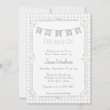 020 Gris Niebla Gingham Floral Gemelas Baby Shower
