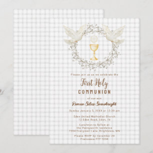 Invitación 020 Paloma Gris Niebla y Gingham Cáliz Primera Com
