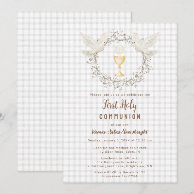 Invitación 020 Paloma Gris Niebla y Gingham Cáliz Primera Com (Anverso / Reverso)