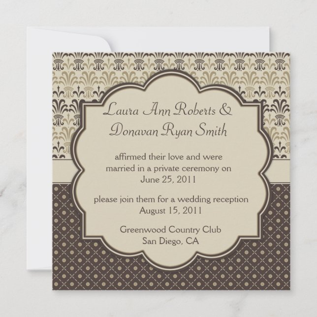 Invitación 02 Brown Tan Cream Damask Dots Post Boda (Anverso)