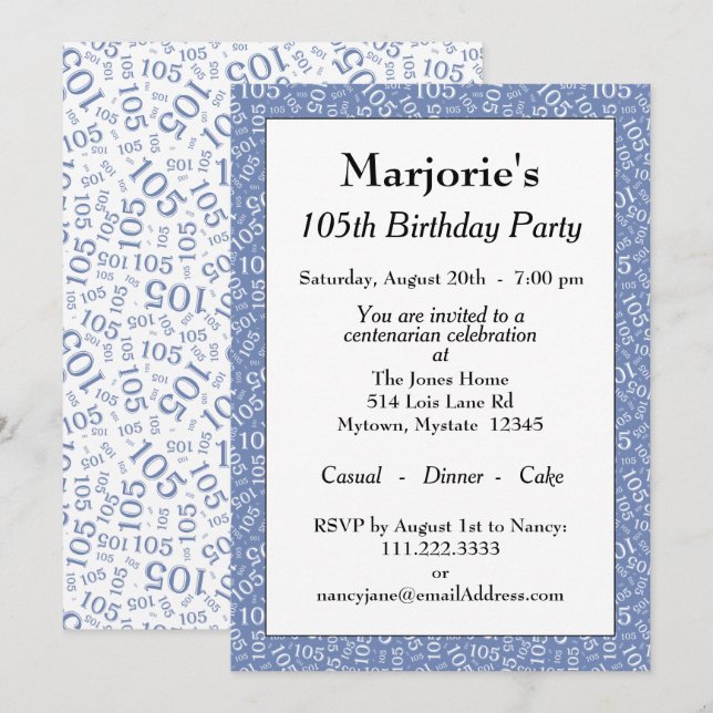 Invitación 05.ª fiesta de cumpleaños Patrón de números azul/b (Anverso / Reverso)