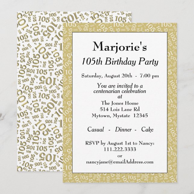 Invitación 05.ª Fiesta de Cumpleaños Patrón de Oro/Número Bla (Anverso / Reverso)