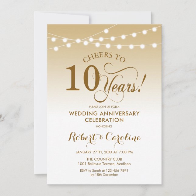 Invitación 10º Aniversario de Boda - Blanco Dorado (Anverso)