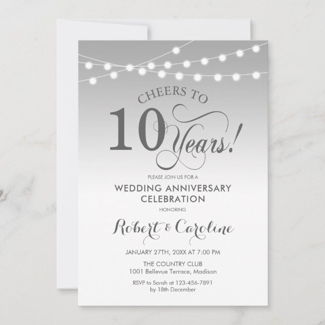 Invitación 10º Aniversario de Boda - Blanco Plata (Anverso)