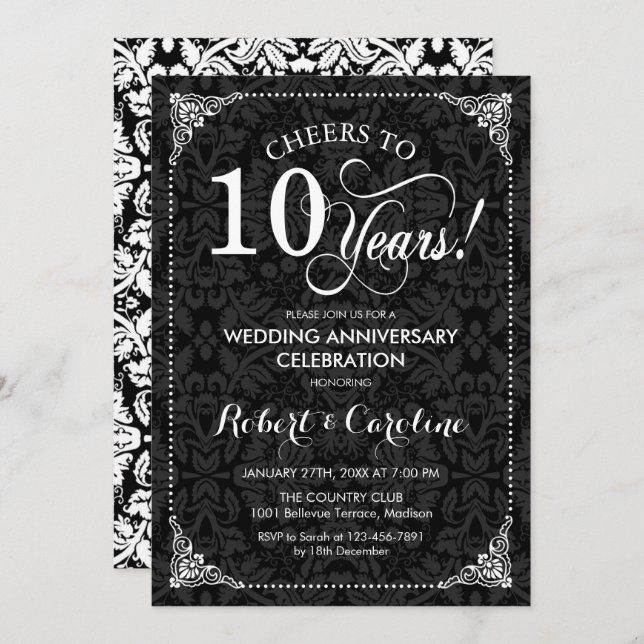 Invitación 10º Aniversario de Boda - Damask Blanco Negro (Anverso / Reverso)