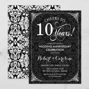 Invitación 10º Aniversario de Boda - Damask Blanco Negro