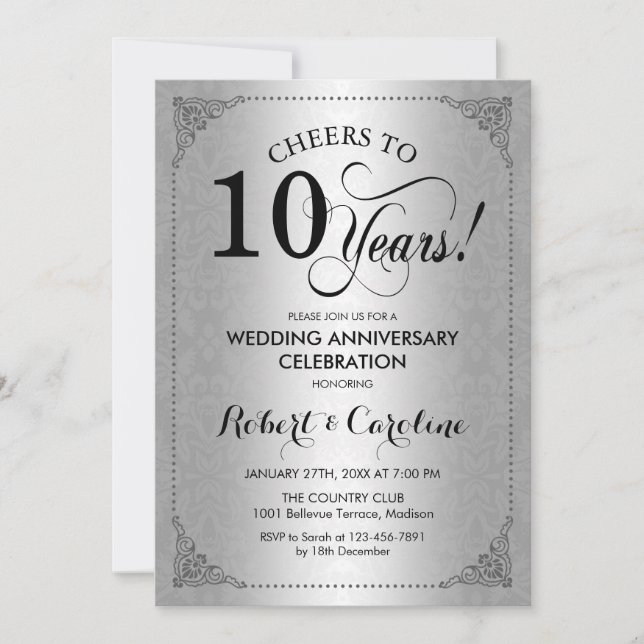Invitación 10º Aniversario de Boda - Damask Negro Plateado (Anverso)