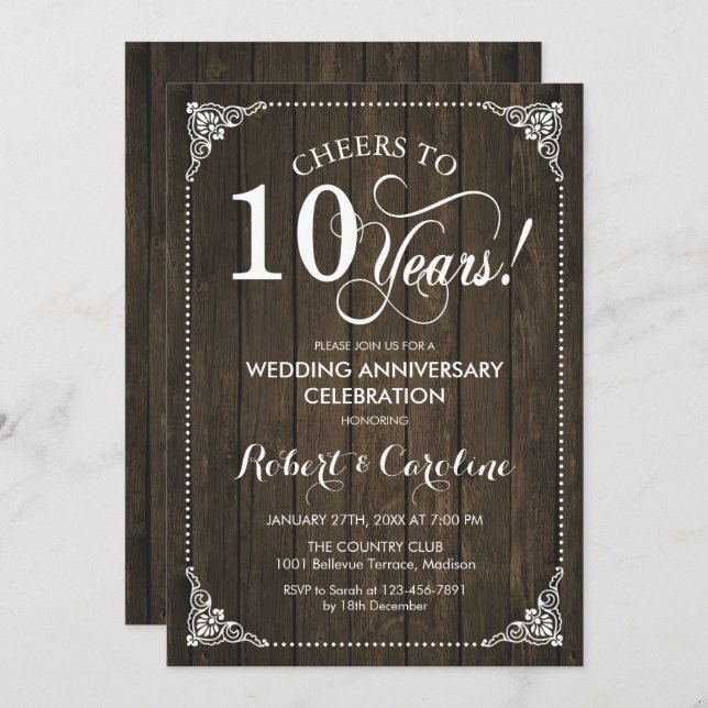 Invitación 10º Aniversario de Boda - Madera (Anverso / Reverso)