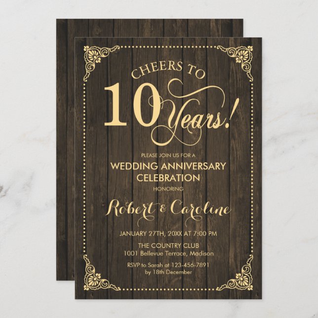 Invitación 10º Aniversario de Boda - Madera Dorada (Anverso / Reverso)