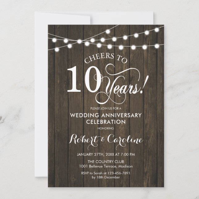 Invitación 10º Aniversario de Boda - Madera Rústica (Anverso)