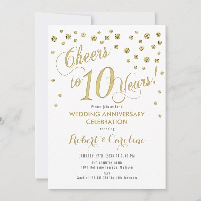 Invitación 10º Aniversario de Boda - Oro & Blanco (Anverso)