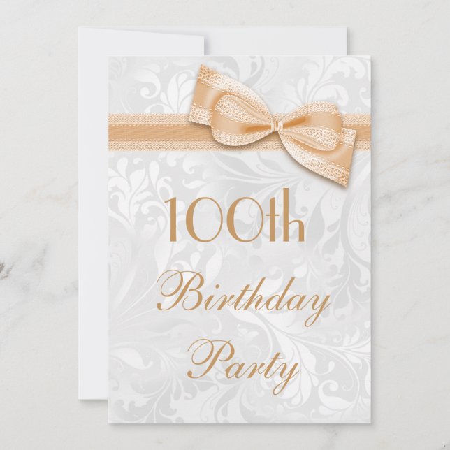 Invitación 100.ª fiesta de cumpleaños Damask y Faux Bow (Anverso)