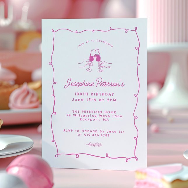 Invitación 100.ª fiesta de cumpleaños Doodle rosa y caprichos (Subido por el creador)