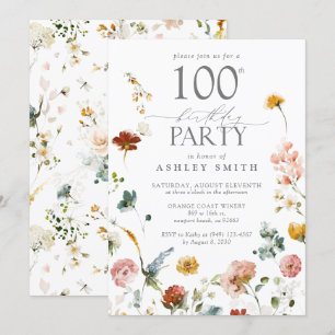 Invitación 100.ª Fiesta de Cumpleaños Elegante Floral Rubor P