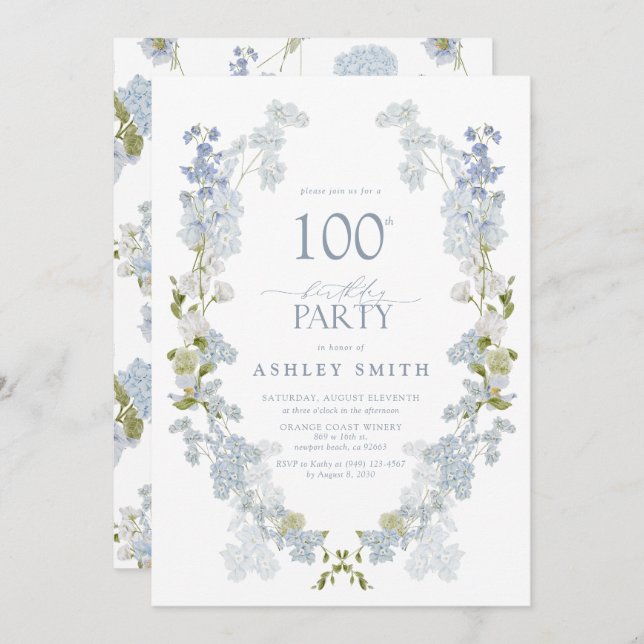 Invitación 100.ª Fiesta de Cumpleaños Elegante y Dusty Floral (Anverso / Reverso)