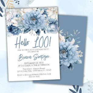 Invitación 100.ª fiesta de cumpleaños, floral azul turbulenta