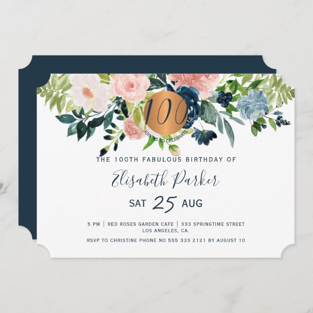 Invitación 100.ª fiesta de cumpleaños floral de la marina mod (Anverso / Reverso)