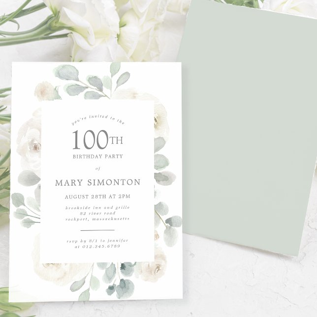 Invitación 100.ª fiesta de cumpleaños Floral de rosa blanca (Subido por el creador)