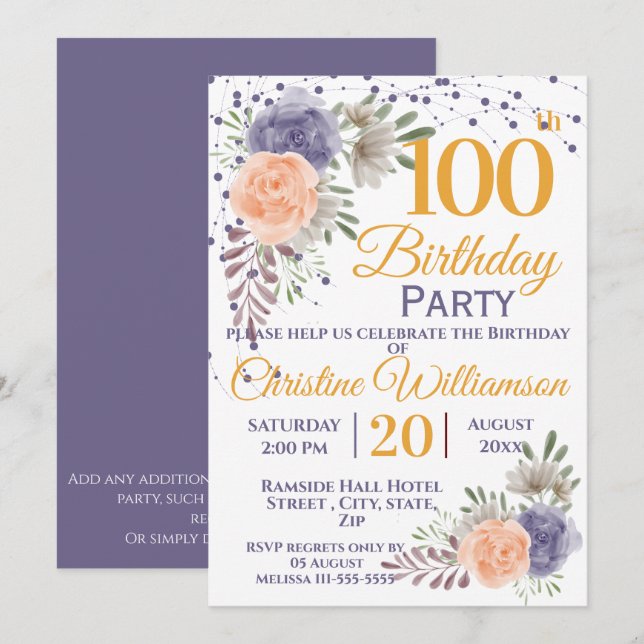 Invitación 100.ª fiesta de cumpleaños Floral Peony Purple (Anverso / Reverso)