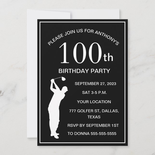 Invitación 100.ª fiesta de cumpleaños Golf Black Par Adult Go (Anverso)