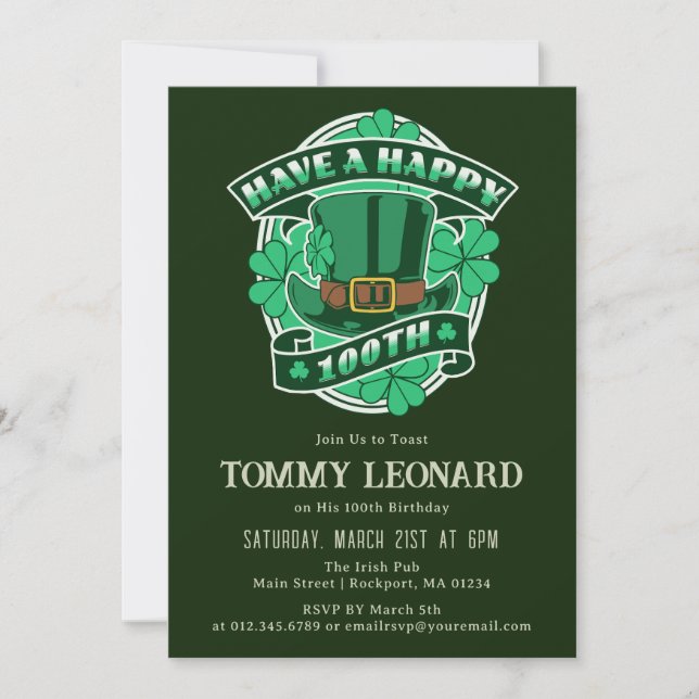 Invitación 100.ª fiesta de cumpleaños Leprechaun Gorra Shamro (Anverso)