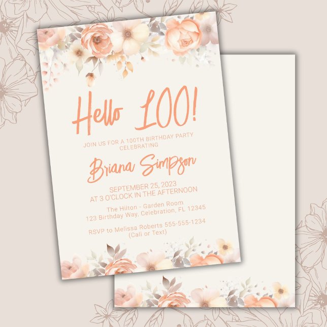 Invitación 100.ª fiesta de cumpleaños Peach Beige Ivory Flora (Subido por el creador)