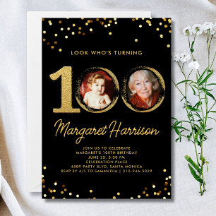 Invitación 100.ª fiesta de cumpleaños Purpurina de oro foto d