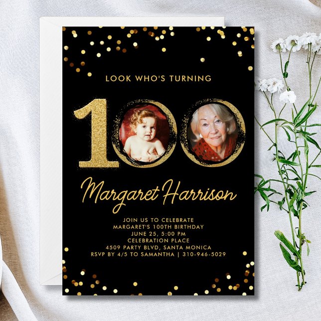 Invitación 100.ª fiesta de cumpleaños Purpurina de oro foto d (Subido por el creador)