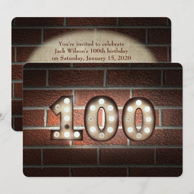 Invitación 100.ª luz de marquesina de cumpleaños en ladrillo (Anverso / Reverso)