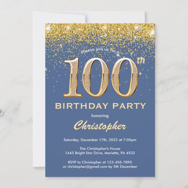 Invitación 100.ª Purpurina de oro y azul de cumpleaños Confet (Anverso)