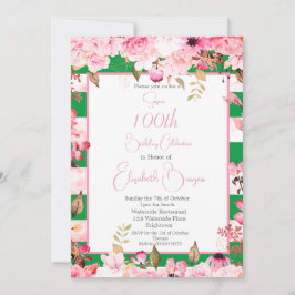 Invitación 100.ª Rosa floral de cumpleaños franja rosa verde