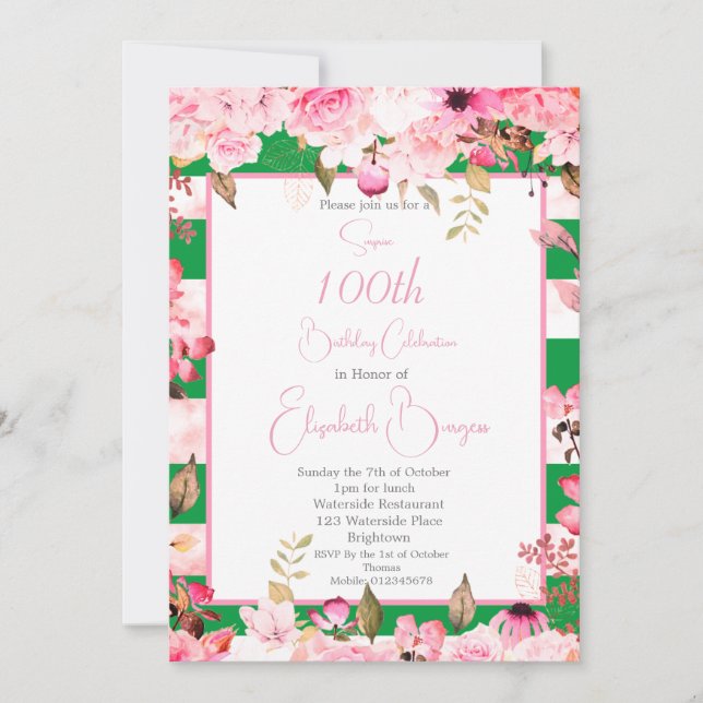 Invitación 100.ª Rosa floral de cumpleaños franja rosa verde (Anverso)