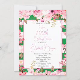 Invitación 100.ª Rosa floral de cumpleaños franja rosa verde