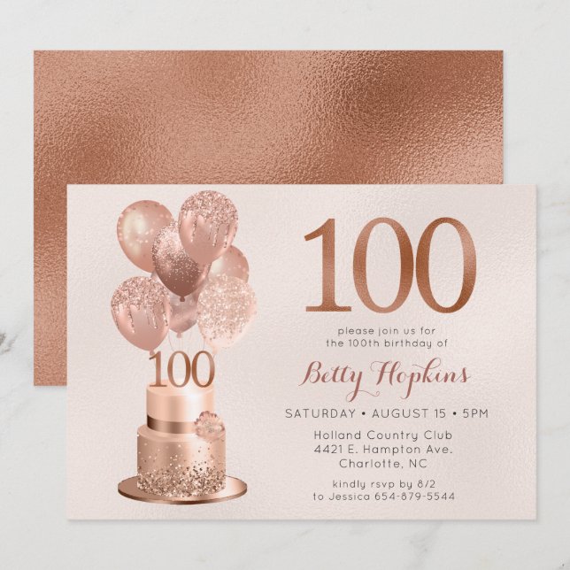 Invitación 100.ª tarta de oro Rosa de cumpleaños (Anverso / Reverso)