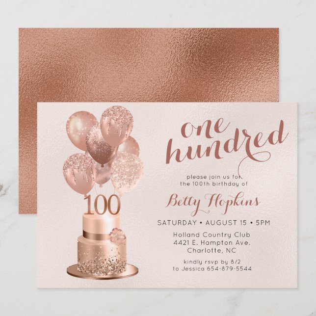 Invitación 100.ª tarta de oro Rosa de cumpleaños (Anverso / Reverso)