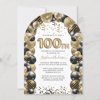 Invitación 100.º Balón de cumpleaños Espuma negra de oro