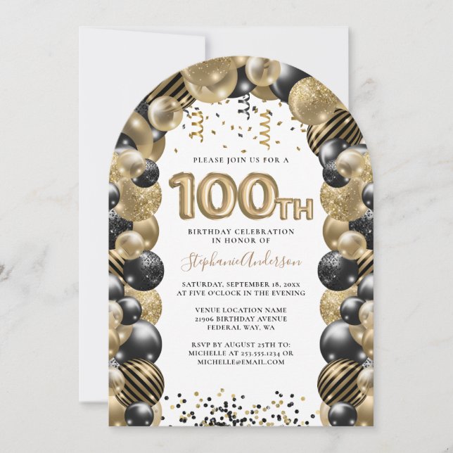 Invitación 100.º Balón de cumpleaños Espuma negra de oro (Anverso)